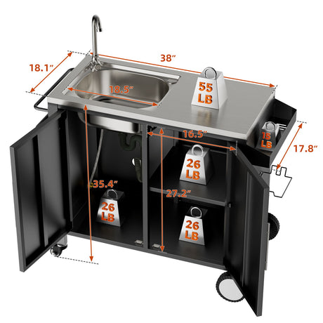 Outdoor Grill Table With Sink, Grill Cart With Sink And Cabinet With Wheels - Black / Silver