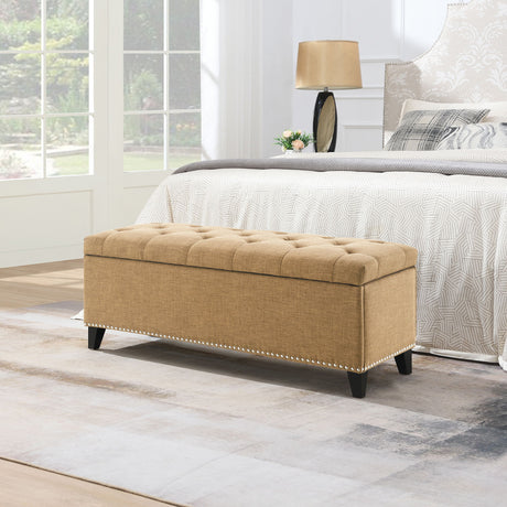 Button-Tufted Storage Ottoman With Safety Close Hinge