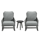 Modern 3 Piece Outdoor Seating Set With Cushioned Rattan Rocking Chairs And Wooden Accent Table