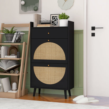 Allen - Rattan 2 Door 1 Drawer Cabinet Shoe Rack For Entrance