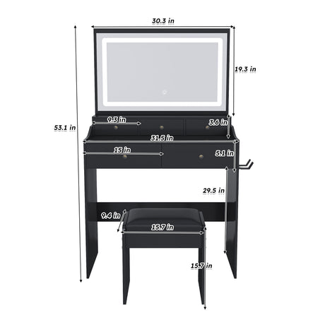 Modern Makeup Vanity Set With Power Outlet, Hair Dryer Holder, And Adjustable Lighting