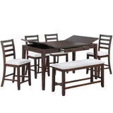 6 Piece Counter Height Dining Set Table With Storage Ladder Back Chairs And Bench - Walnut