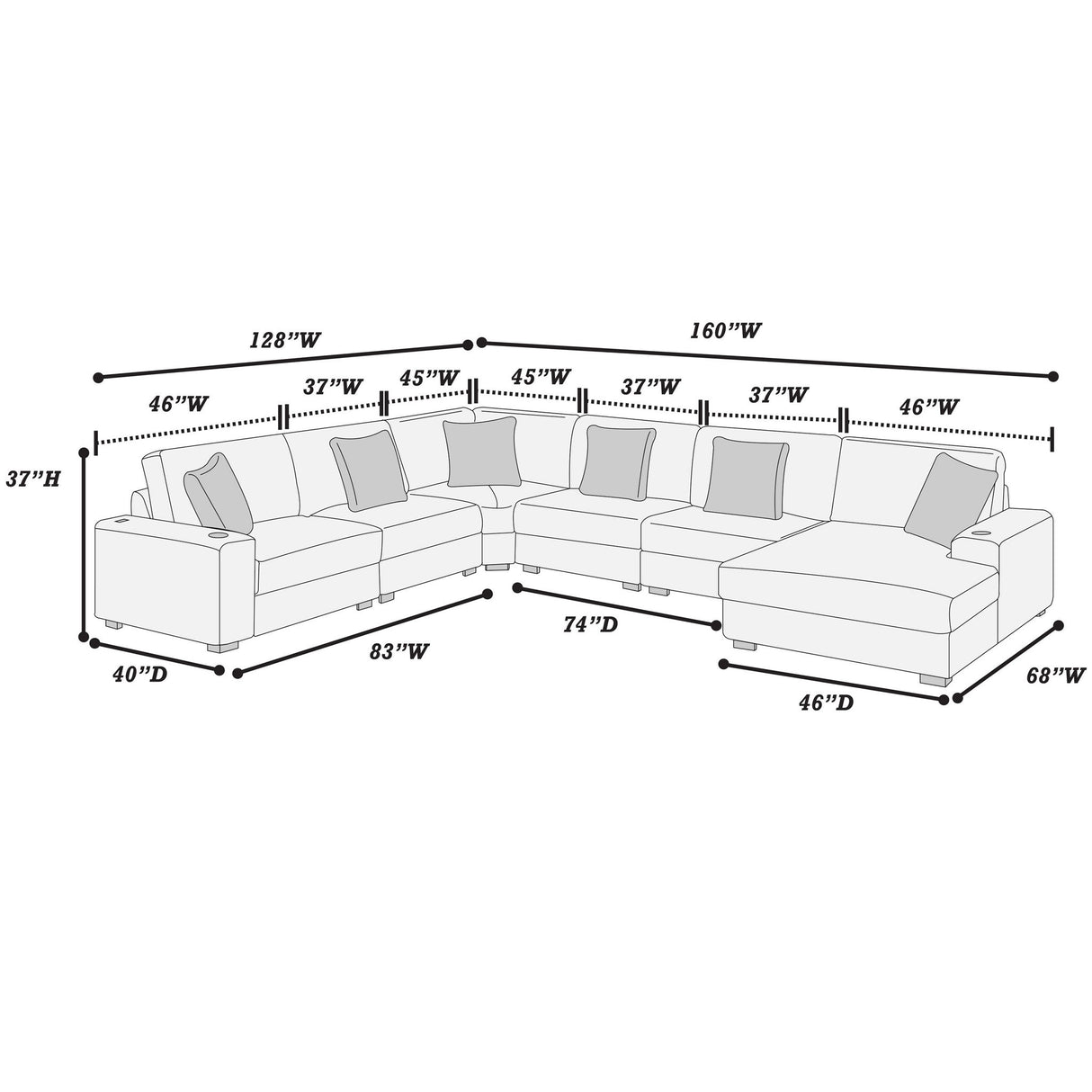 6 Piece Modular Sectional Sofa Set Upholstered Living Room Plush Couch With Cup Holders And USB Port - Black