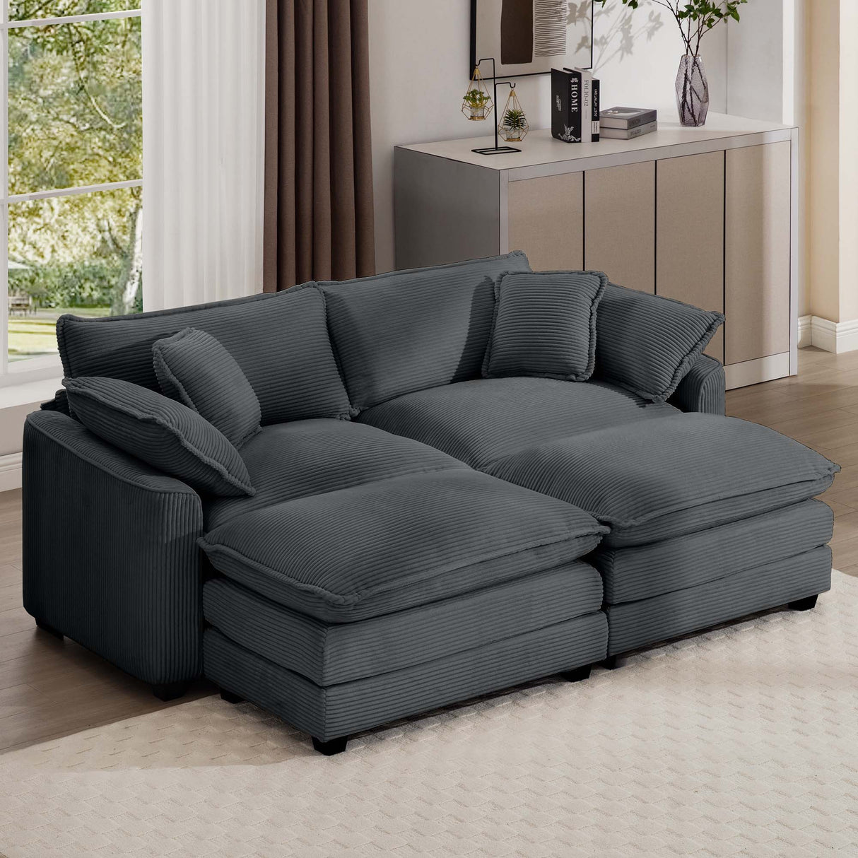 Modular Oversized Cushion Sofa With Ottoman, Low Back, Deep Seating Sofa Set