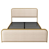 Queen Size Bed Frame With Curved Upholstered Headboard And Footboard - Beige / Gold