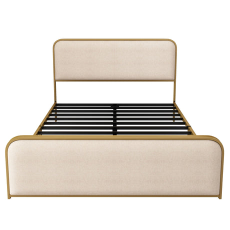 Queen Size Bed Frame With Curved Upholstered Headboard And Footboard - Beige / Gold