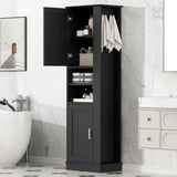Tall Freestanding Bathroom Storage Cabinet With Adjustable Shelves And Side Hooks Board, Rectangle Design