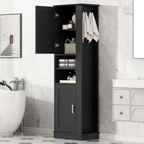 Tall Freestanding Bathroom Storage Cabinet With Adjustable Shelves And Side Hooks Board, Rectangle Design