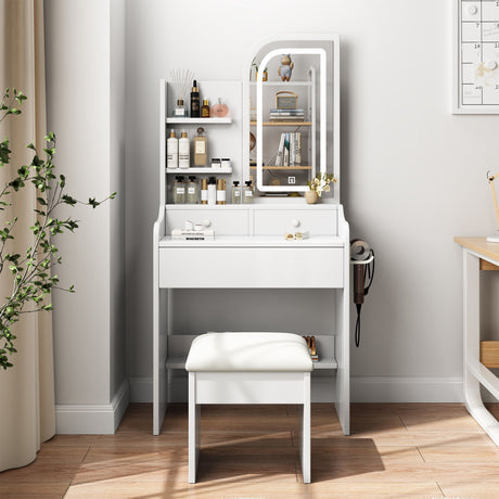 Fashion Vanity Desk With Mirror And Lights For Makeup, Hair Dryer Holder And Chair, Adjustable Lighting - White