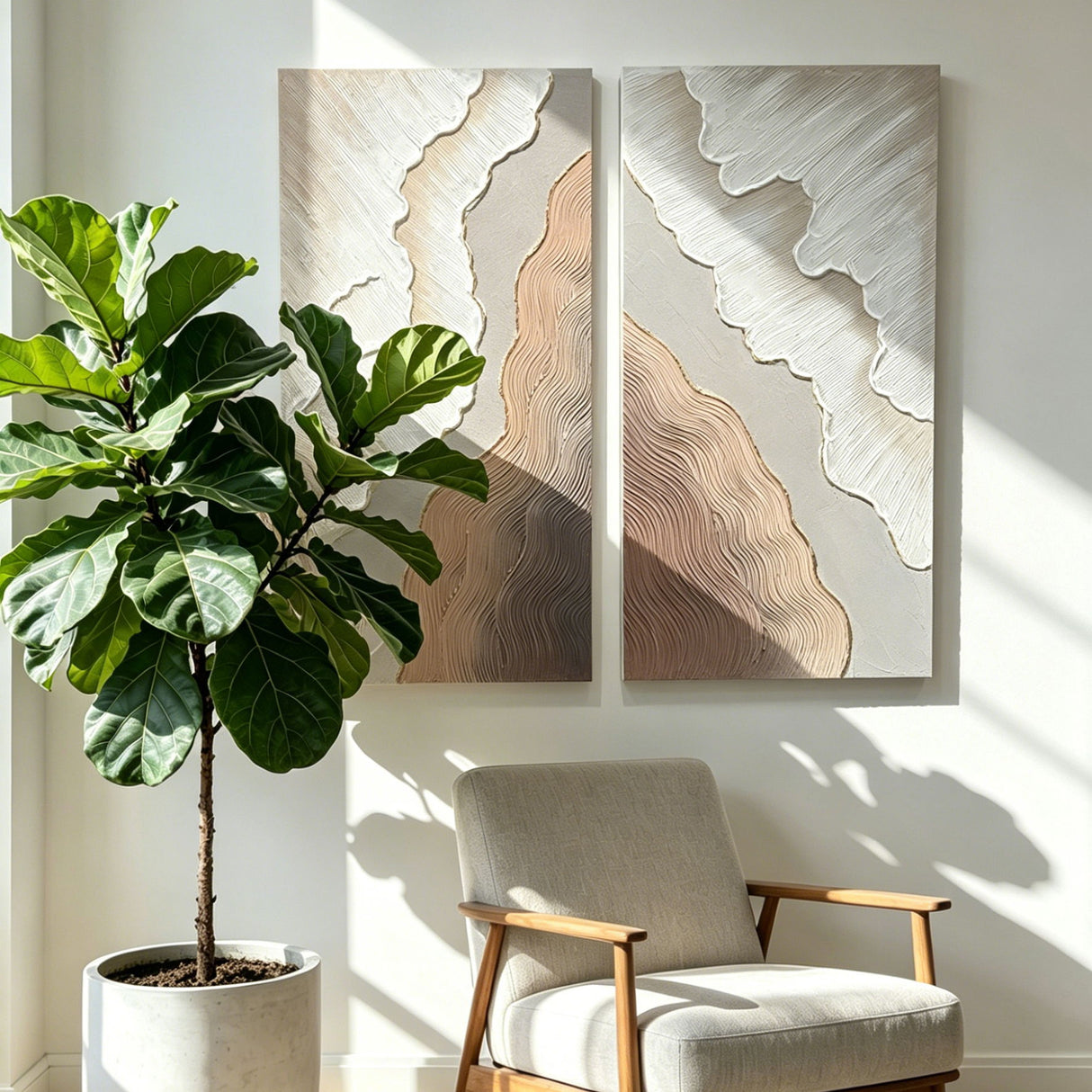 Abstract Wall Art, Textured Canvas Painting With Accents, Decor For Living Room (Set of 2) - Antique Brown+White