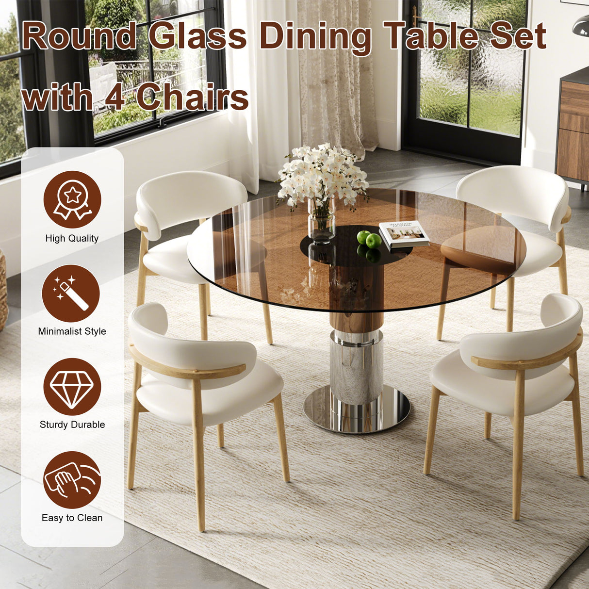 Round Dining Table With Tempered Glass Top - Brown