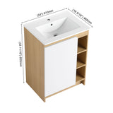 Freestanding Bathroom Vanity With Thin Rim Sink, Single Door With 4 Tier Open Shelves - Light Oak / White