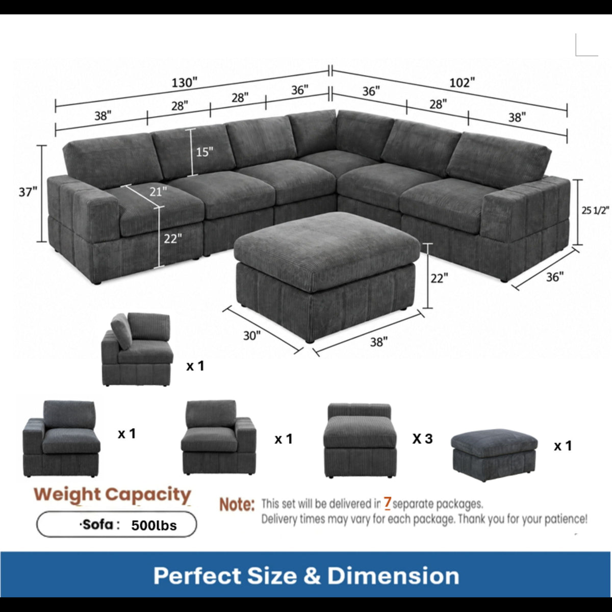 Oversized Modular Sectional Sofa, 7 Piece Reversible With Ottoman - Dark Gray