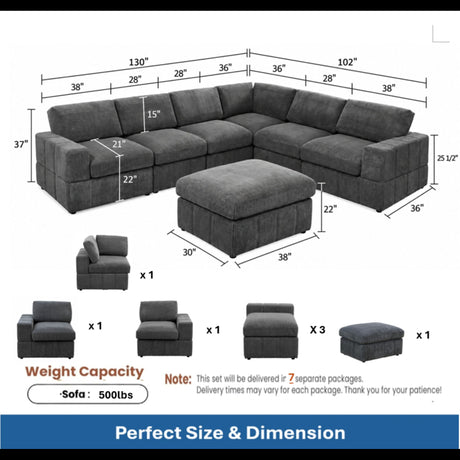 Oversized Modular Sectional Sofa, 7 Piece Reversible With Ottoman - Dark Gray