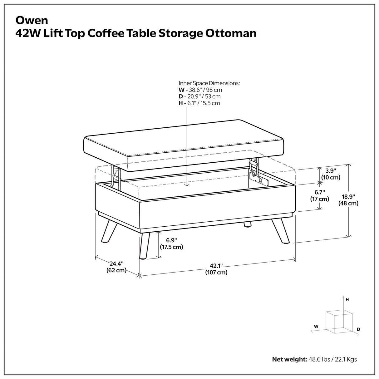Owen - Lift Top Large Coffee Table Storage Ottoman, Mid Century Style