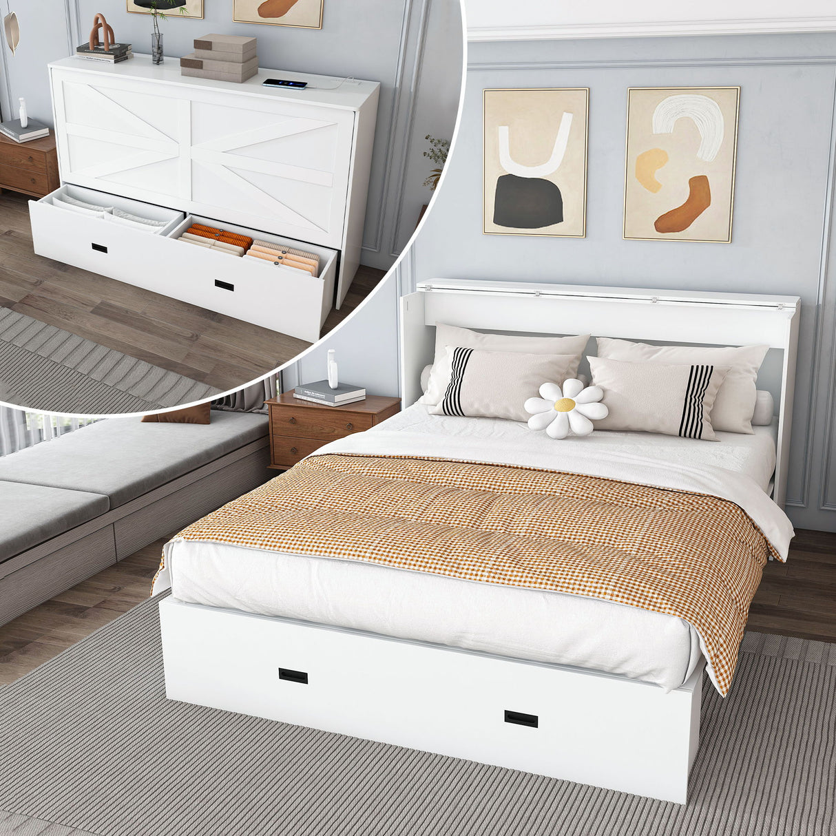Full Murphy Bed With Storage Drawers, Charging Station, Foldable Panels, And Silent Swivel Wheels