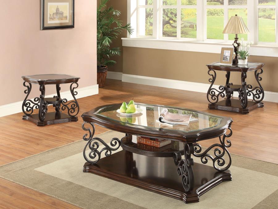 Laney 3-piece Glass Top Coffee and End Table Set Dark Merlot - 702448-S3