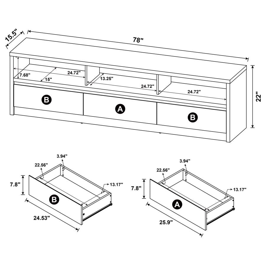 Rutland 78-inch 3-drawer TV Stand Media Console Black - 705803