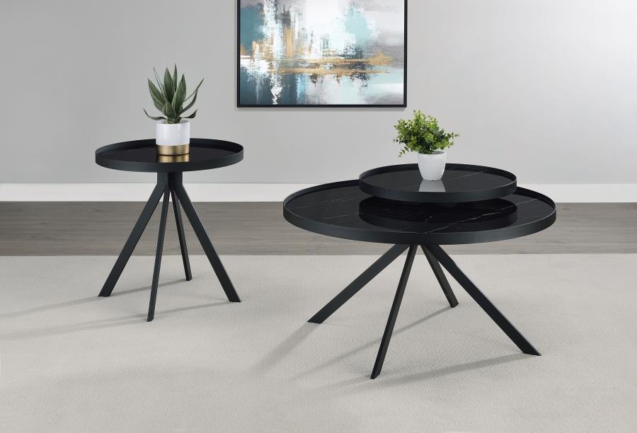 Briggs Round Marble Printed Glass Top End Table Black - 706267