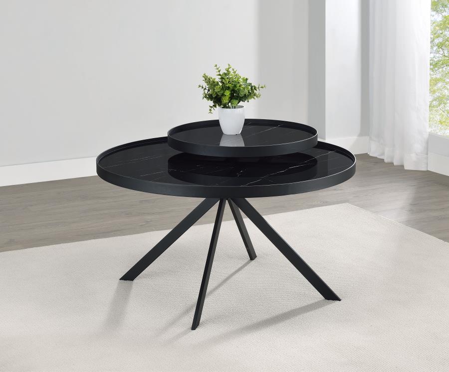 Briggs Round Marble Printed Glass Top Coffee Table Black - 706268