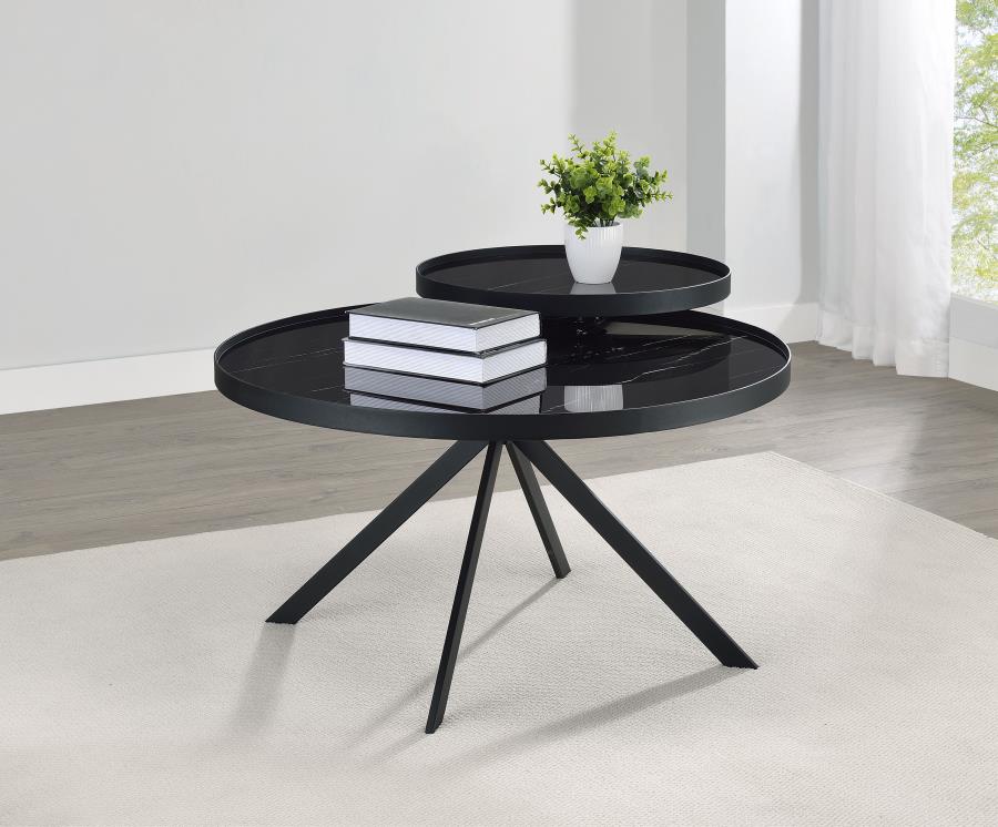 Briggs Round Marble Printed Glass Top Coffee Table Black - 706268