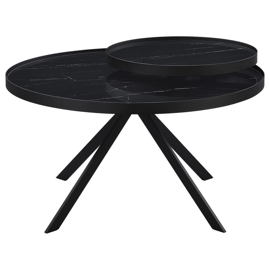 Briggs Round Marble Printed Glass Top Coffee Table Black - 706268