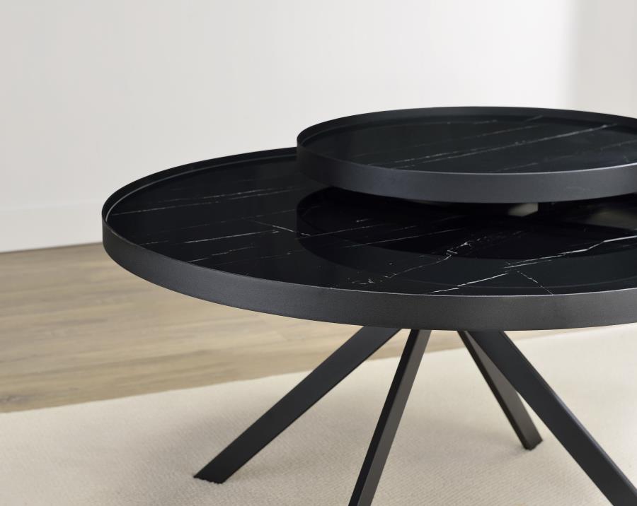 Briggs Round Marble Printed Glass Top Coffee Table Black - 706268