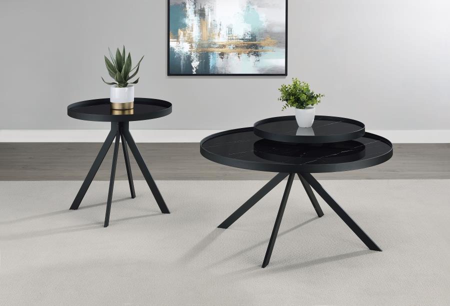 Briggs Round Marble Printed Glass Top Coffee Table Black - 706268
