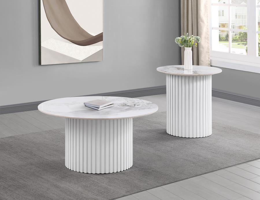 Rowena Round Sintered Stone End Table White Faux Marble - 708337