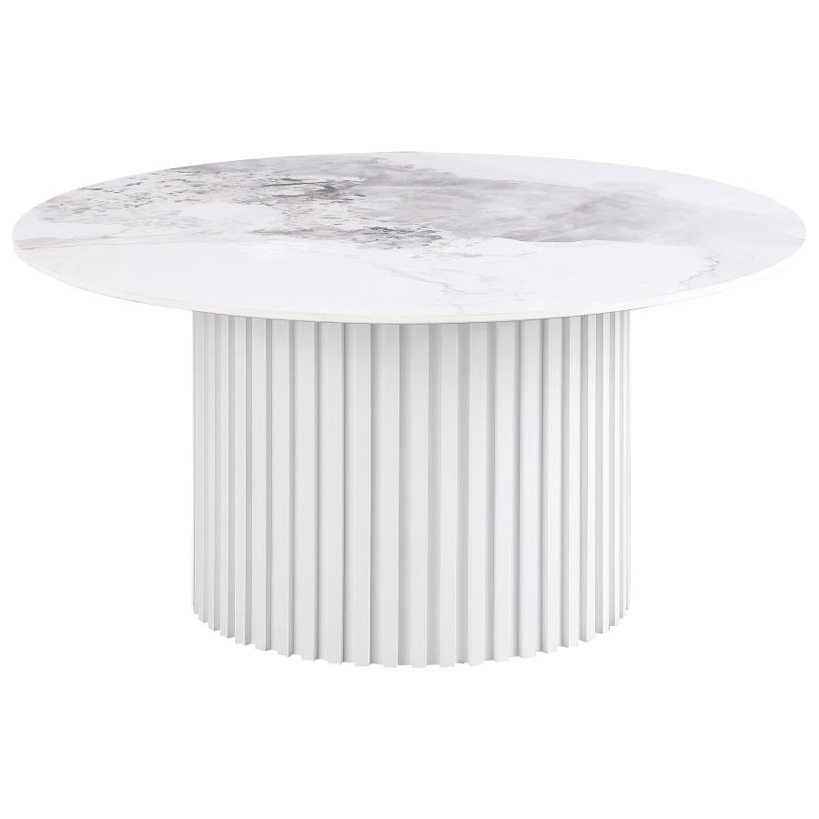 Rowena Round Sintered Stone Coffee Table White Faux Marble - 708338