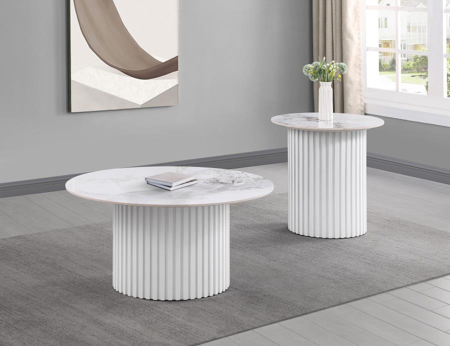 Rowena Round Sintered Stone Coffee Table White Faux Marble - 708338