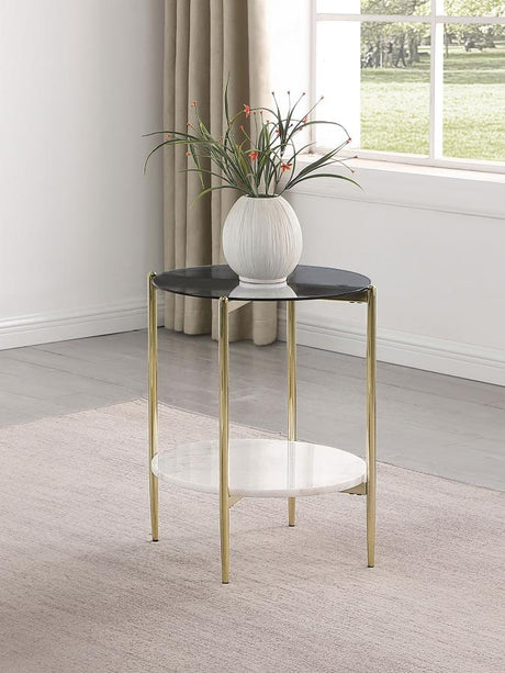 Jonelle Round Glass Top End Table White Marble Shelf Gold - 710337