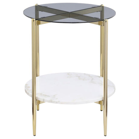 Jonelle Round Glass Top End Table White Marble Shelf Gold - 710337