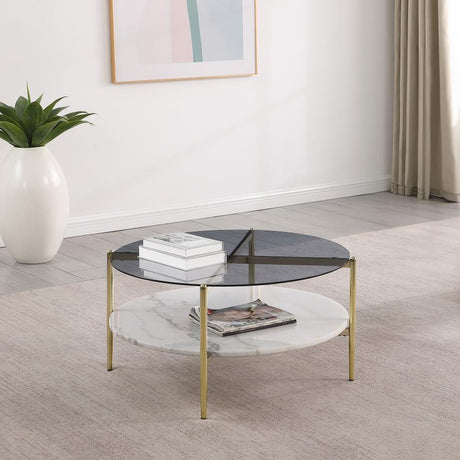 Jonelle Round Glass Top Coffee Table White Marble Shelf Gold - 710338