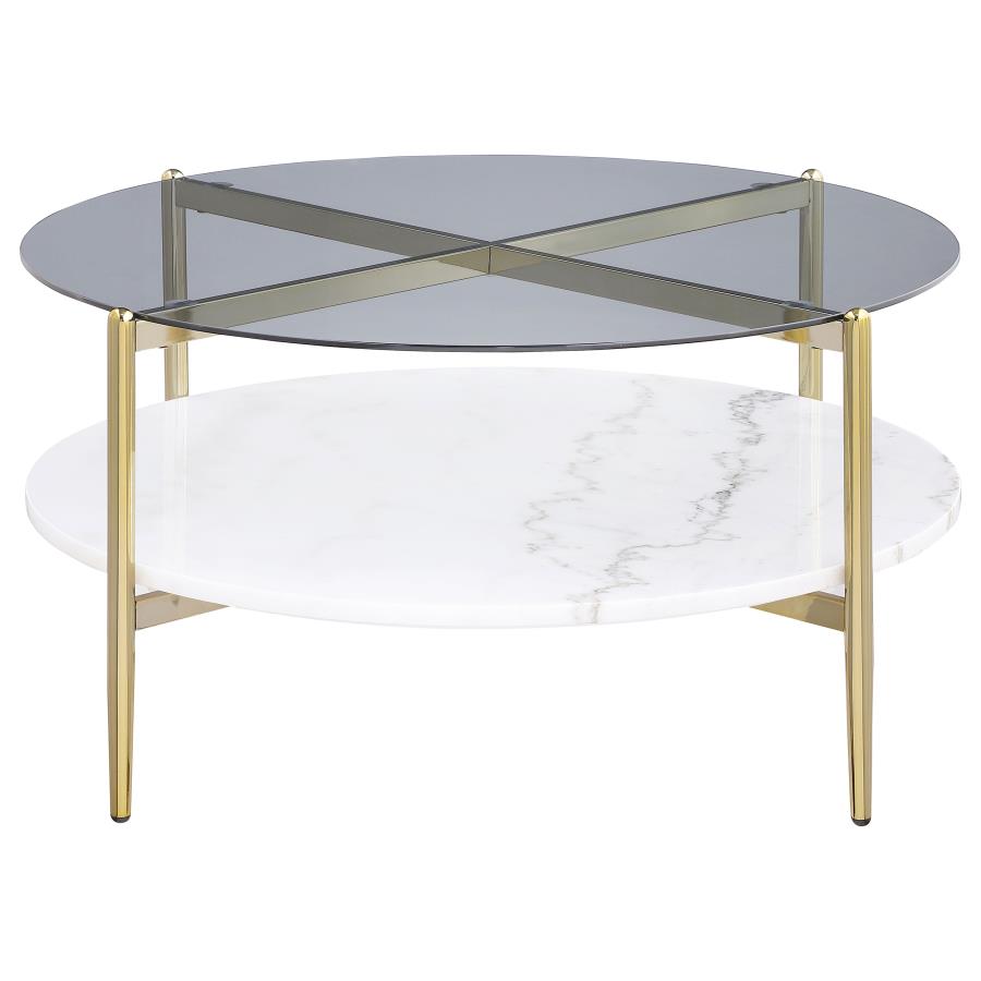 Jonelle Round Glass Top Coffee Table White Marble Shelf Gold - 710338