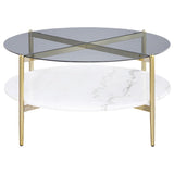 Jonelle Round Glass Top Coffee Table White Marble Shelf Gold - 710338