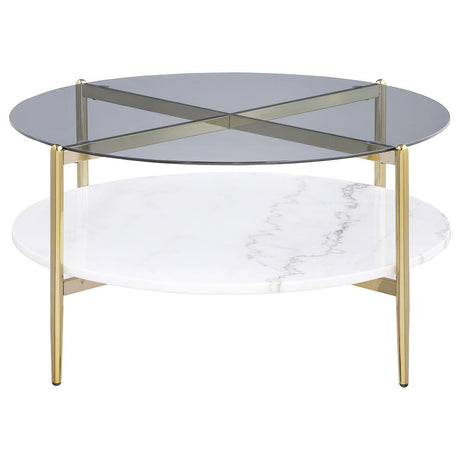 Jonelle Round Glass Top Coffee Table White Marble Shelf Gold - 710338