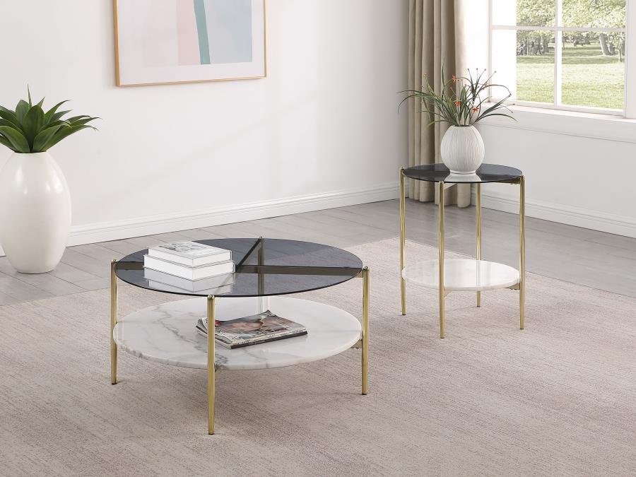 Jonelle Round Glass Top Coffee Table White Marble Shelf Gold - 710338
