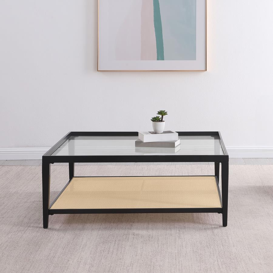 Amherst Glass Top Metal with Cane Shelf Coffee Table Black - 710658