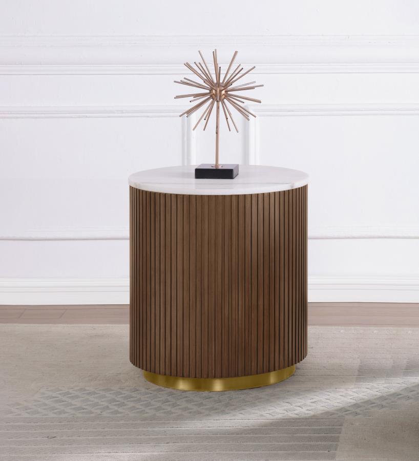 Jason Round White Marble Top Side End Table Honey Brown - 712417