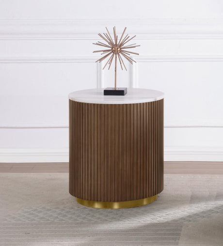 Jason Round White Marble Top Side End Table Honey Brown - 712417