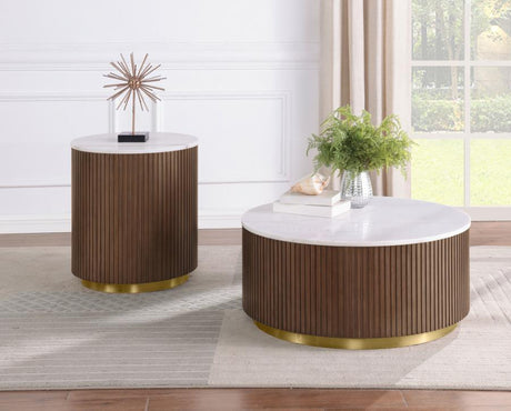 Jason Round White Marble Top Side End Table Honey Brown - 712417