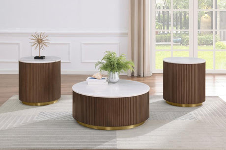 Jason Round White Marble Top Side End Table Honey Brown - 712417