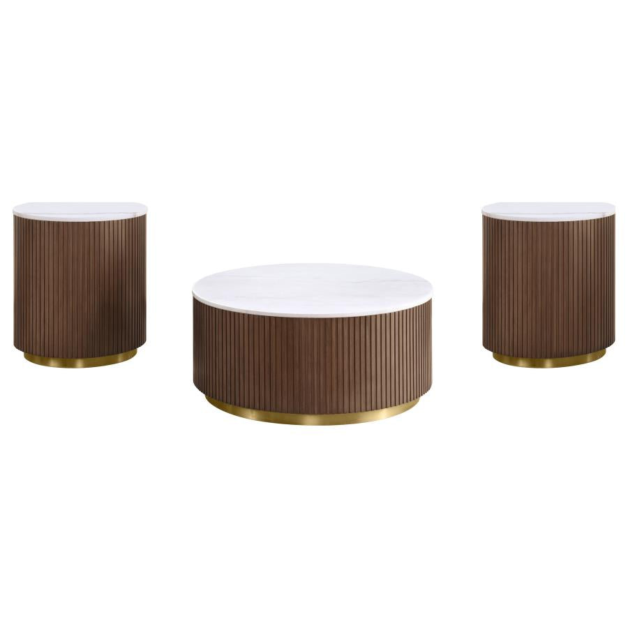 Jason 3-piece Round White Marble Coffee Table Set Honey Brown - 712418-S3