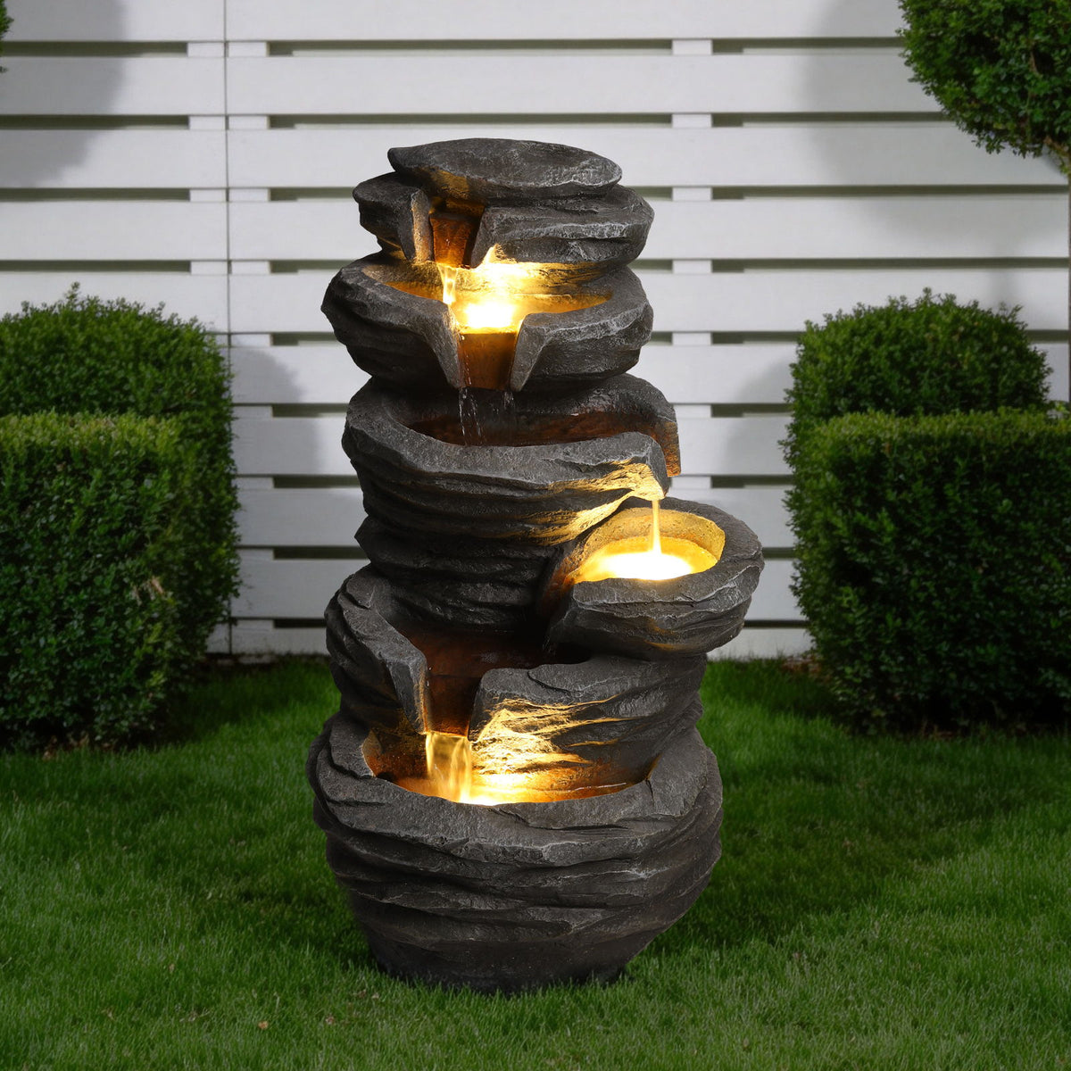 Outdoor Waterfall Fountain With LED Lights For Patio - Gray