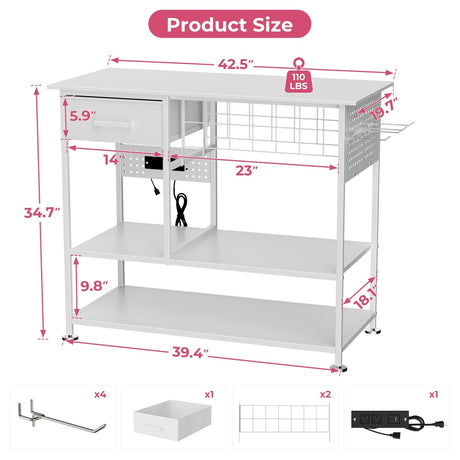 Large Heat Press Table With Charging Station, Movable Workbench For Diy Sublimation - White