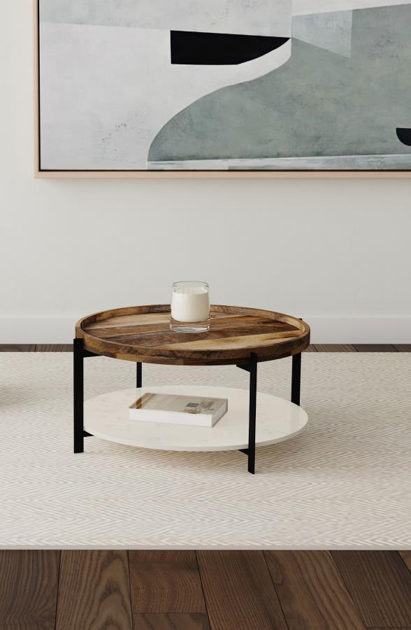 Adhvik Round Wood Top Marble Shelf Coffee Table Natural - 721888