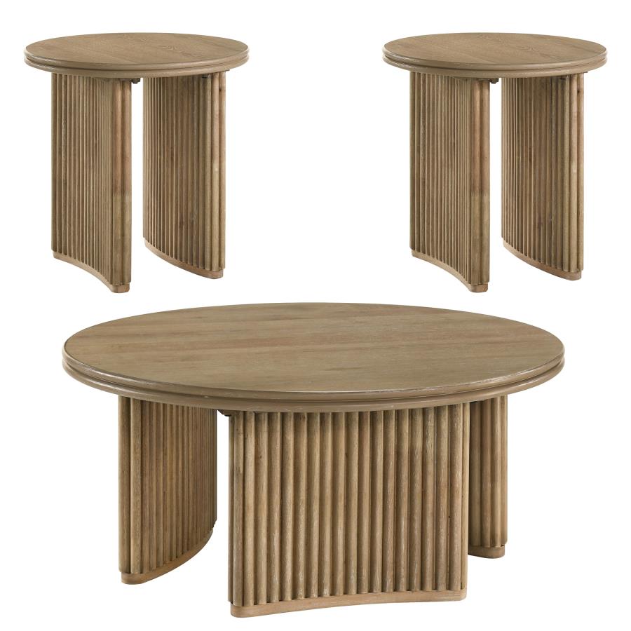 Adina 3-piece Round Coffee Table Set Distressed Light Brown - 722938-S3