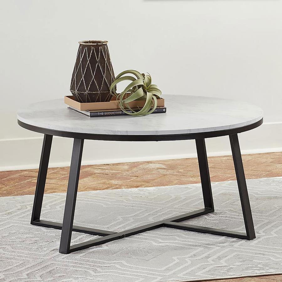 Hugo Round Faux Marble Coffee Table White and Matte Black - 723238