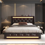 Wingback Upholstered Bed Frame With LED Lights, Charging Station